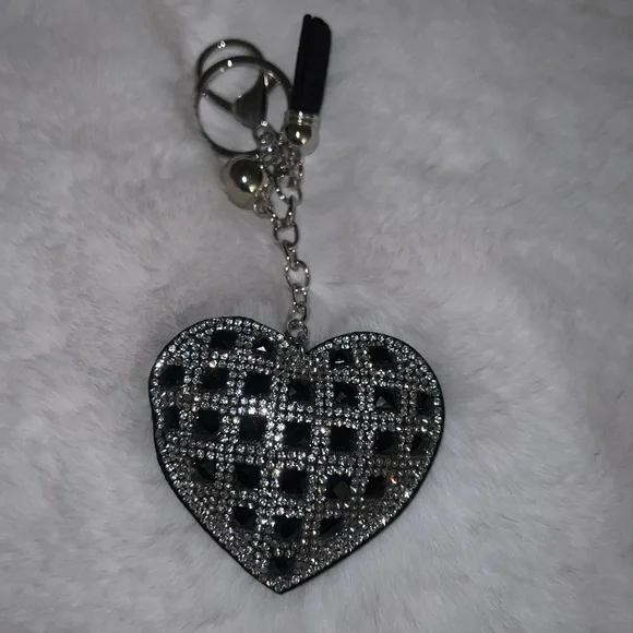 4/$10 Bundle Sale: Heart Keychain w/Leather Tassel and Crystals - Picture 1 of 2